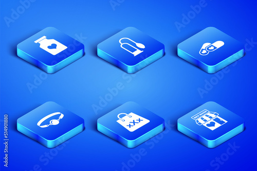 Set Sex shop building, Bottle with pills for potency, Shopping bag triple X, Silicone ball gag, Penis pump and Pills icon. Vector