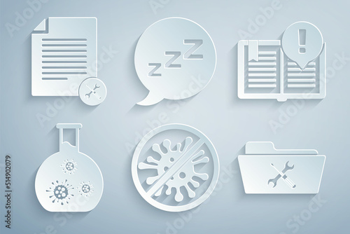 Set Stop virus, bacteria, Interesting facts, Test tube with, Folder service, Speech bubble snoring and File document icon. Vector