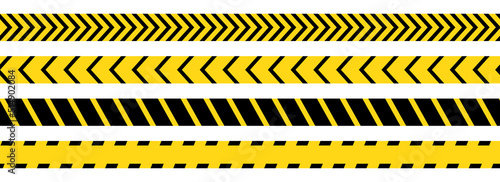 Caution, safety tape. Yellow, black stripe danger tape for atterntion, hazard ribbon. Police, construction area sign banner, barrier symbol. Vector illustration.