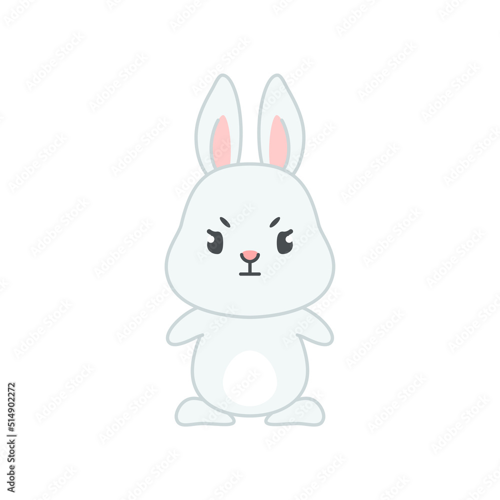 Cute grumpy bunny. Flat cartoon illustration of a funny little gray rabbit furrowing its eyebrows isolated on a white background. Vector 10 EPS.