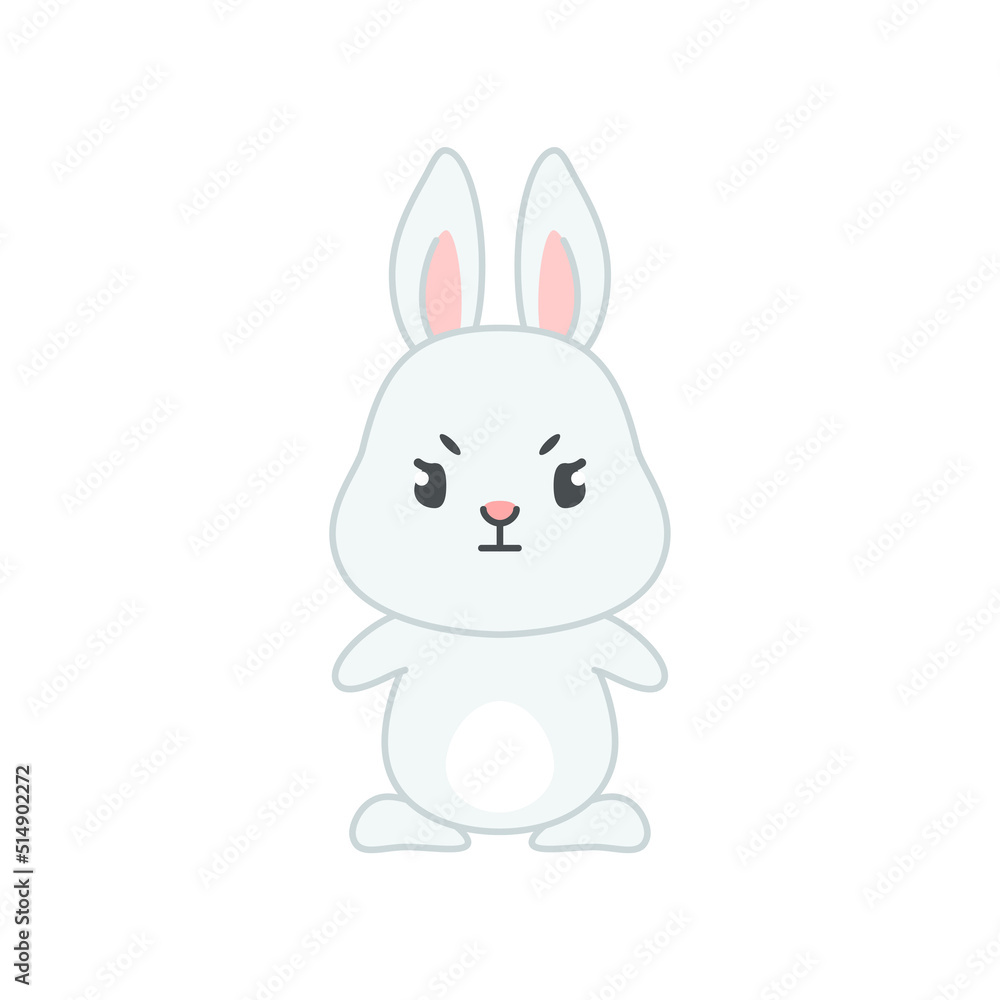 Cute grumpy bunny. Flat cartoon illustration of a funny little gray rabbit furrowing its eyebrows isolated on a white background. Vector 10 EPS. Cute grumpy bunny. Flat cartoon illustration of a funny little gray rabbit furrowing its eyebrows isolated on a white background. Vector 10 EPS.
