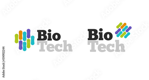 Bio science technology logo with chemical molecule vector or neuron medicine nano biotechnology logotype concept illustration, biology or biochemistry lab figure icon isolated image