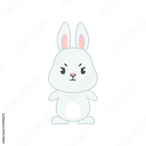 Cute grumpy bunny. Flat cartoon illustration of a funny little gray rabbit furrowing its eyebrows isolated on a white background. Vector 10 EPS. © slybrowney