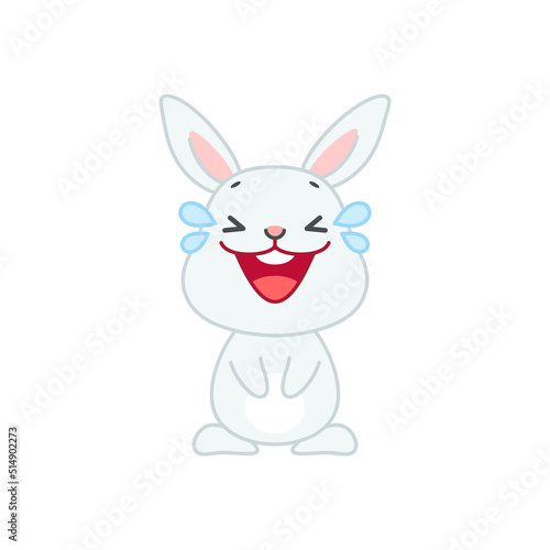 Cute laughing bunny. Flat cartoon illustration of a funny little gray rabbit laughing to tears isolated on a white background. Vector 10 EPS. 