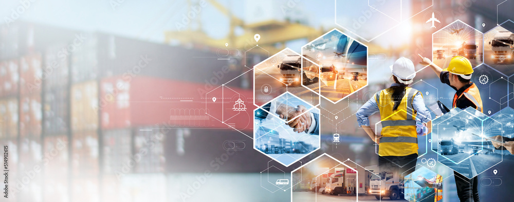 © ipopba - Professional worker control and checks stock inventory with digital tablet with containers in harbor warehouse global network, Partnership, Teamwork, Transportation and Logistics distribution center. © ipopba - Professional worker control and checks stock inventory with digital tablet with containers in harbor warehouse global network, Partnership, Teamwork, Transportation and Logistics distribution center.