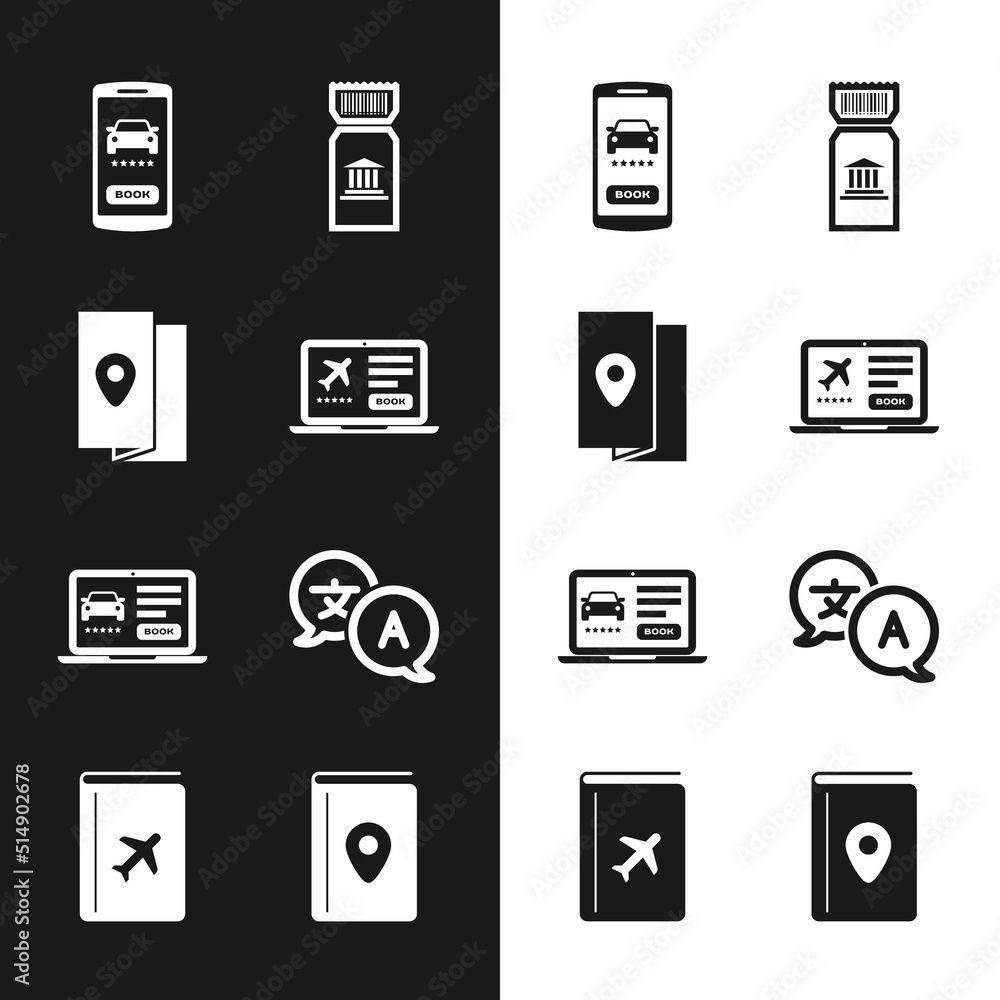 Set Laptop with ticket, Cover book travel guide, Online car sharing, Museum, Translator, and icon. Vector Set Laptop with ticket, Cover book travel guide, Online car sharing, Museum, Translator, and icon. Vector