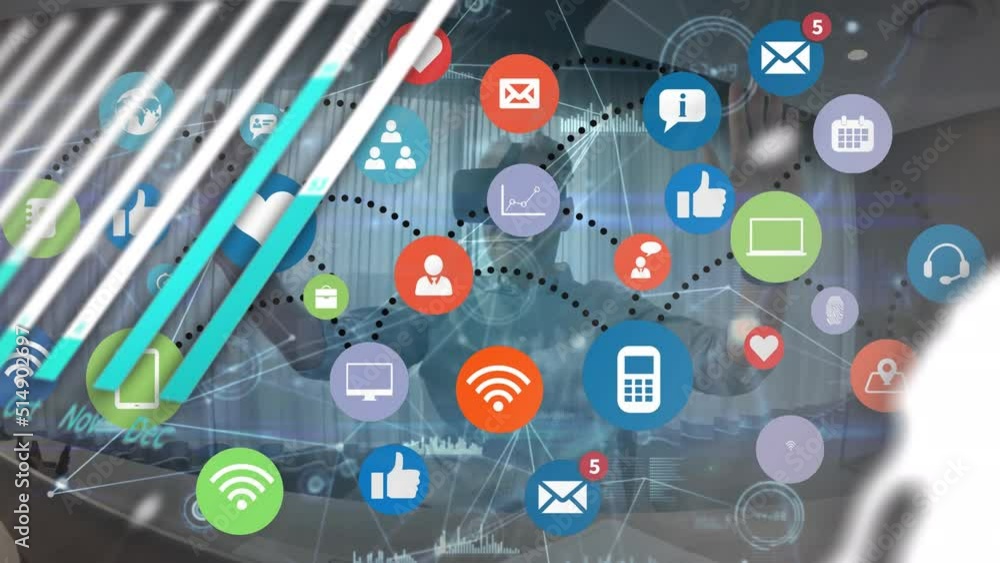 Animation of data processing and social media icons over caucasian man using vr headset Animation of data processing and social media icons over caucasian man using vr headset