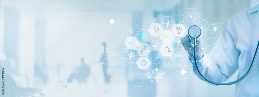 .Medicine doctor with stethoscope and icon health care on virtual interface and patients come to the hospital, Medical technology network, Healthcare and Medical concept. - obrazy, fototapety, plakaty 