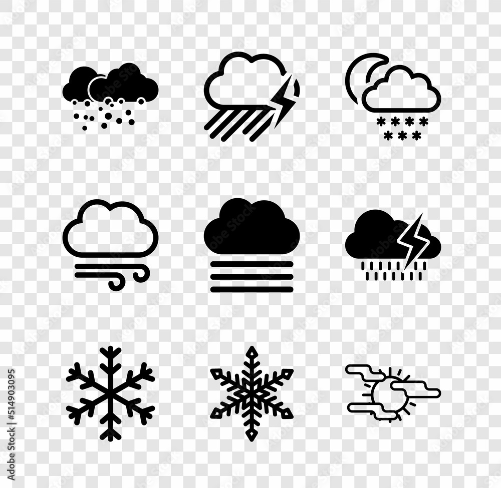 Set Cloud with snow, rain and lightning, moon, Snowflake, and Fog sun icon. Vector Set Cloud with snow, rain and lightning, moon, Snowflake, and Fog sun icon. Vector