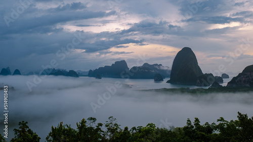 panorama view of Sametnangshe, view of mountains in Phangnga bay with mangrove forest in andaman sea with evening twilight sky, travel destination in Phangnga, Thailand photo