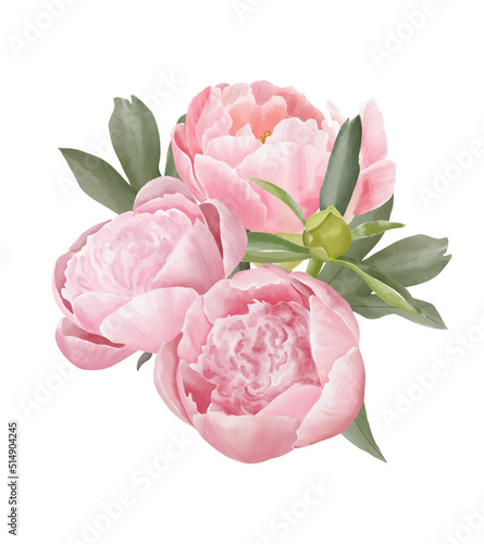 Watercolor pink peony bouquets, pink flowers composition, corner, border for wedding design, logo, template, etc.