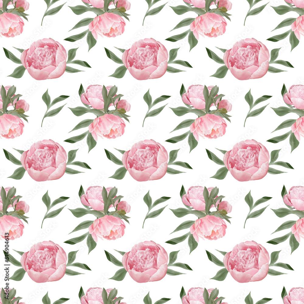 Watercolor pink peony seamless pattern on white background for decorative paper, fabric and other design Watercolor pink peony seamless pattern on white background for decorative paper, fabric and other design