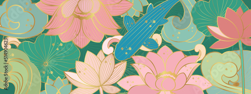 Vector banner with koi carp and golden lotus flowers. Line art style. Asian background.