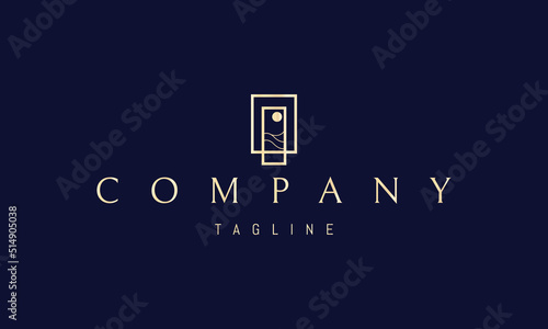 Vector golden logo on which an abstract image of a seascape in an open door.