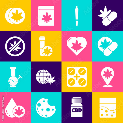 Set Plastic bag of cannabis, Location and marijuana, Herbal ecstasy tablets, Marijuana joint, Chemical test tube with, Stop or leaf, and heart icon. Vector