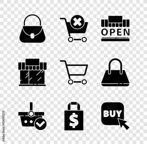 Set Handbag, Remove shopping cart, Shopping building open, basket with check mark, Shoping dollar, Buy button, or market store and icon. Vector