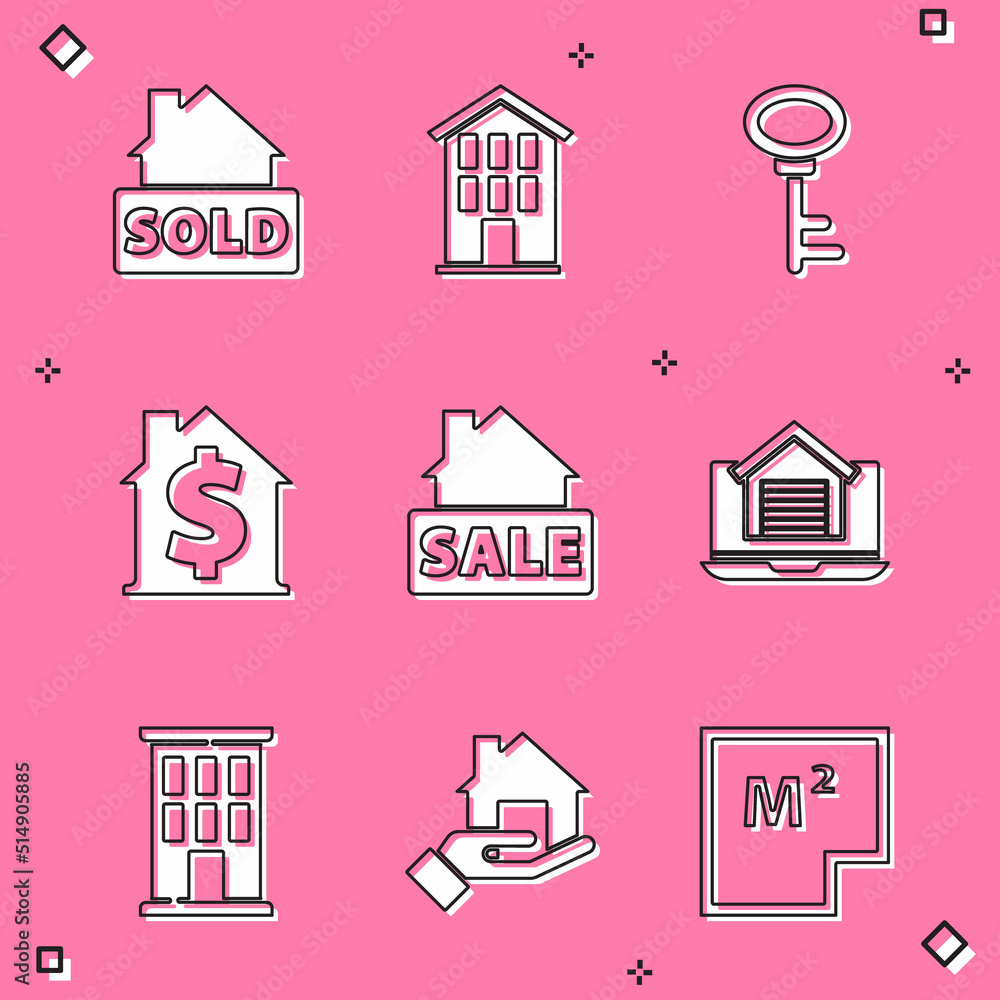 Set Hanging sign with text Sold, House, key, dollar symbol, Sale, Online real estate house, and Realtor icon. Vector