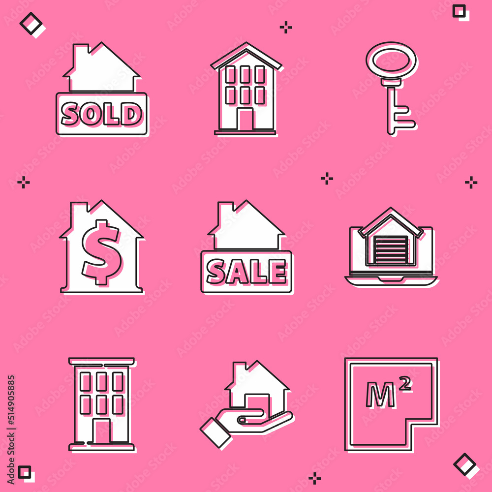 Set Hanging sign with text Sold, House, key, dollar symbol, Sale, Online real estate house, and Realtor icon. Vector Set Hanging sign with text Sold, House, key, dollar symbol, Sale, Online real estate house, and Realtor icon. Vector
