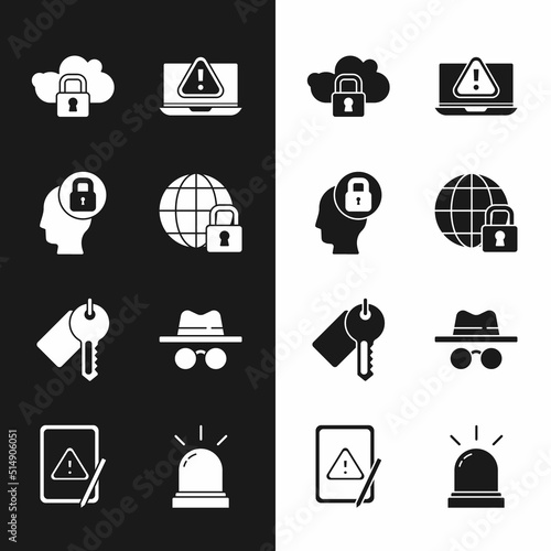 Set Global lockdown, Human head with, Cloud computing, Laptop exclamation mark, Marked key, Incognito mode, Motion sensor and Tablet icon. Vector