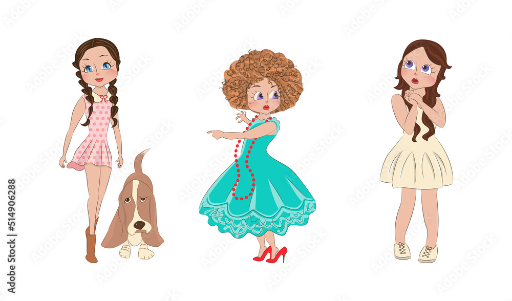 Hand drawn beautiful cute cartoon amazing fashion girls