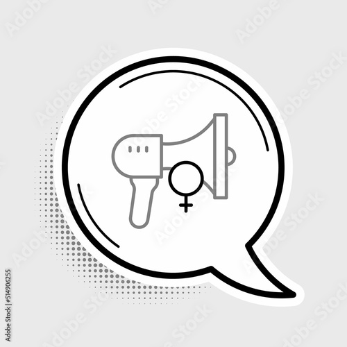 Line Female movement, feminist activist with banner and placards icon isolated on grey background. Feminist rights movement, feminism sisterhood. Colorful outline concept. Vector