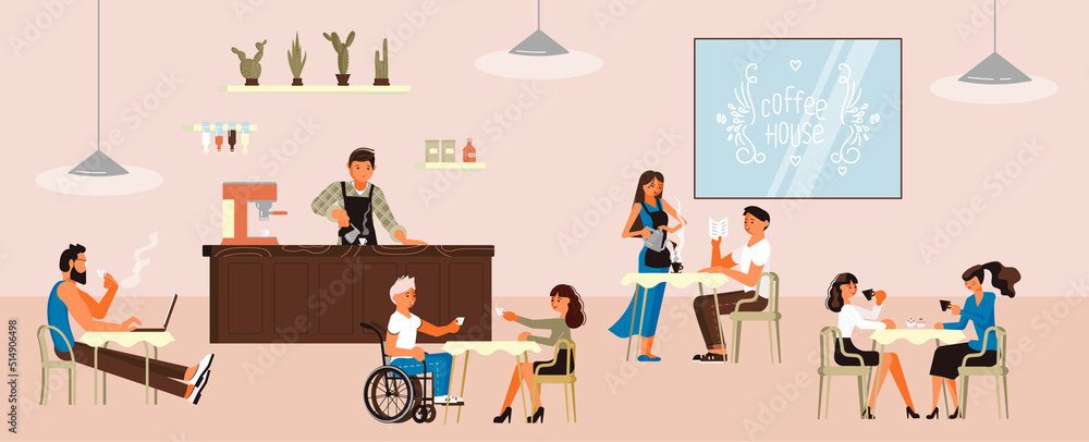 Cafe interior with visitors, waitres and barista at counter. Cafe interior with visitors, waitres and barista at counter.