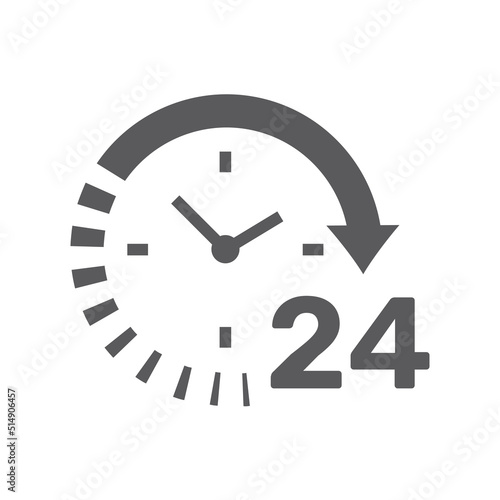 24 hour open clock black vector icon. Non stop opening hours cycle arrow filled symbol.