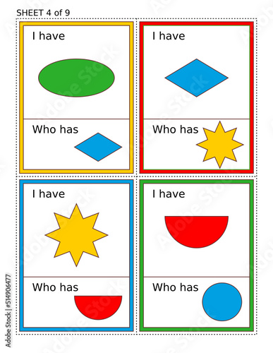 Educational math game for kids - I Have Who Has. One sheet of nine. Learn or reinforce basic shapes and colors. 