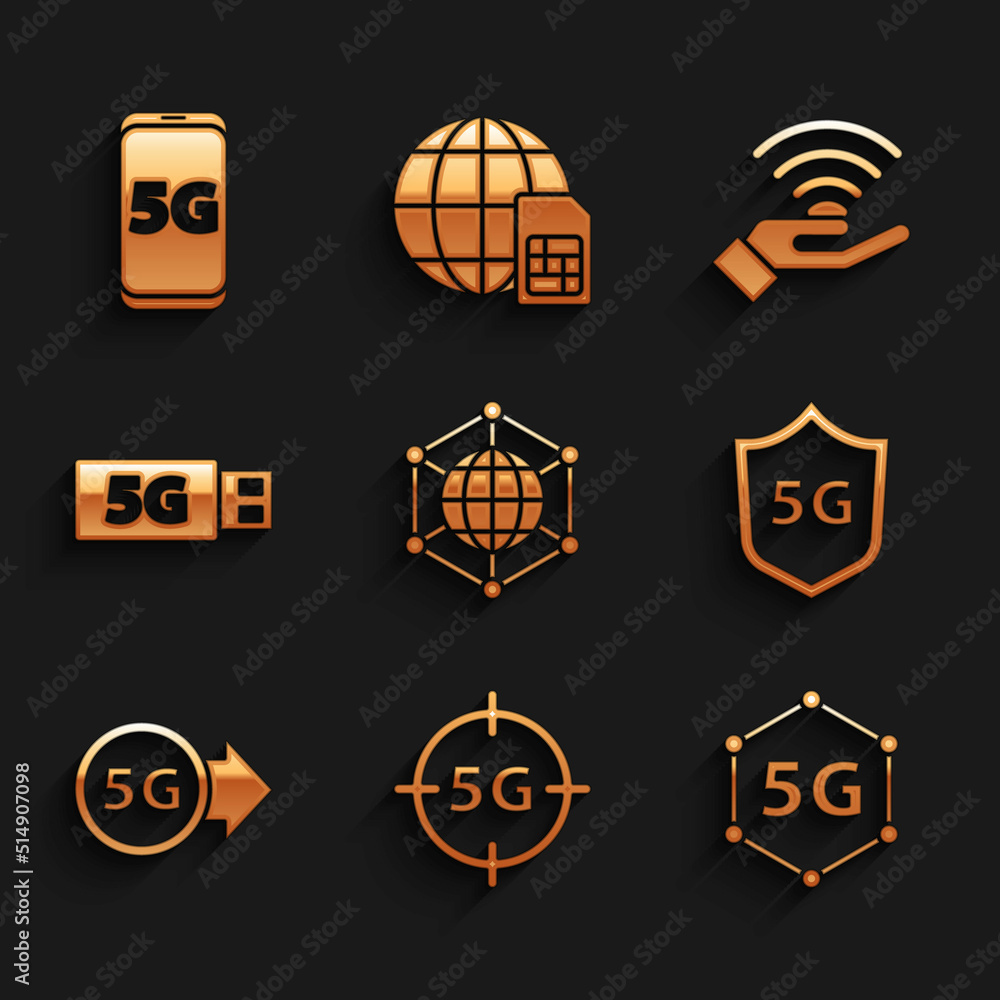 Set Social network, 5G, Protective shield, modem, and Mobile with icon. Vector Set Social network, 5G, Protective shield, modem, and Mobile with icon. Vector
