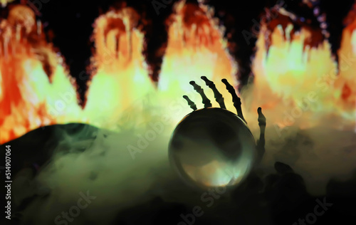 Fotografi Skeleton Zombie Rising Out Of A GraveYard - Halloween