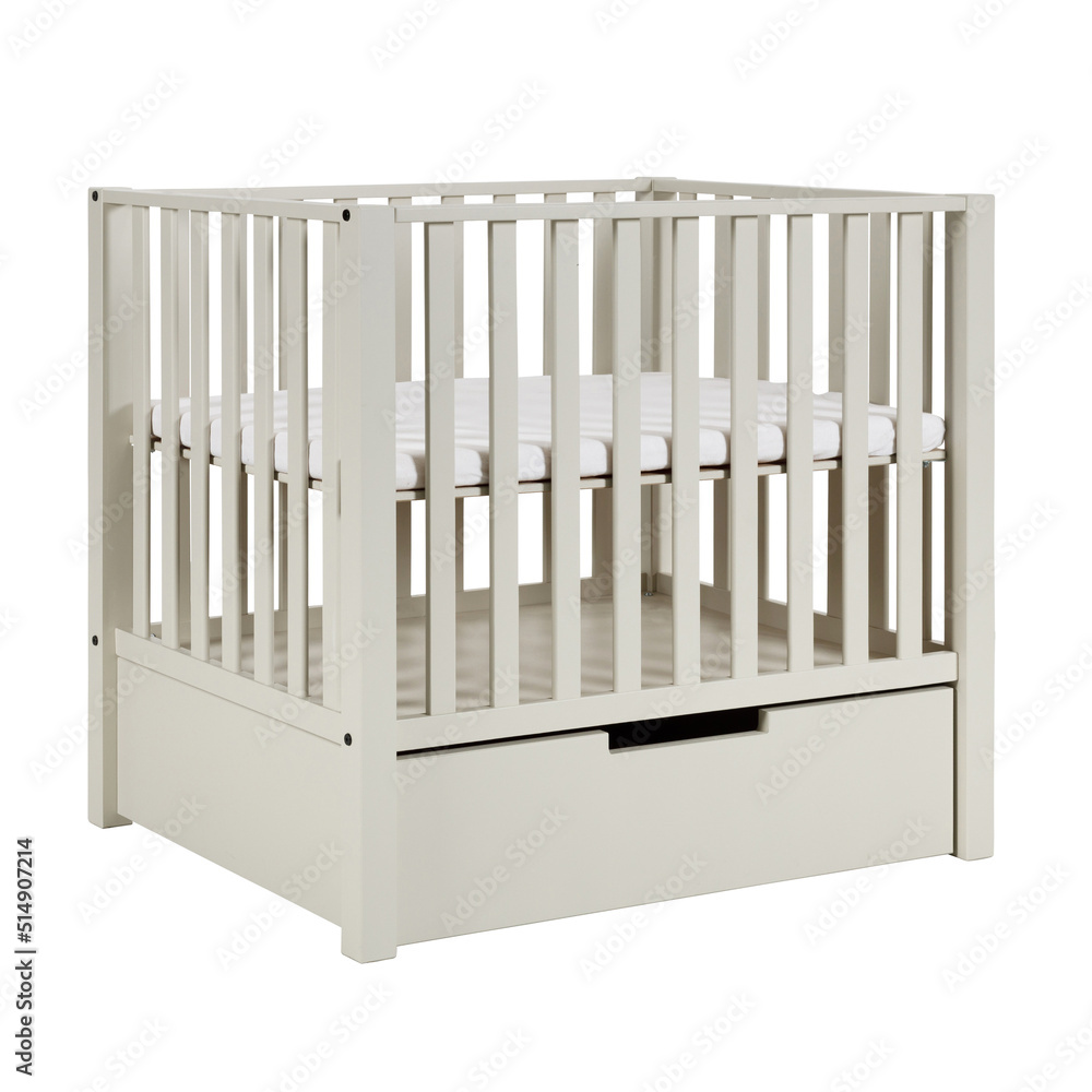Grey Square baby box nursery bed with drawer freestanding isolated on a white background Grey Square baby box nursery bed with drawer freestanding isolated on a white background