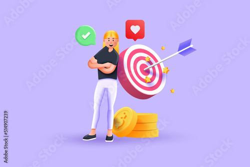 3D illustration of beautiful blonde woman standing next to a huge target with a dart in the center, arrow in bullseye. Objective attainment, reaching goals, business purposes, successful strategy. Vec
