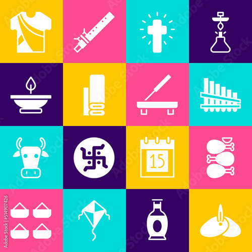 Set Indian headgear turban, Tandoori chicken, Pan flute, Christian cross, textile fabric, Aroma lamp, man dress and Scented spa stick icon. Vector
