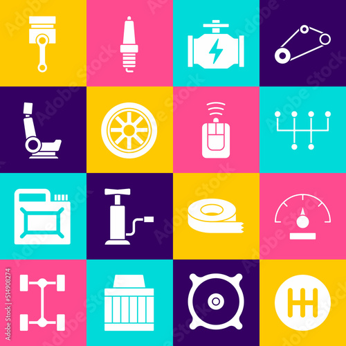 Set Gear shifter, Speedometer, Check engine, Car wheel, seat, Engine piston and key with remote icon. Vector