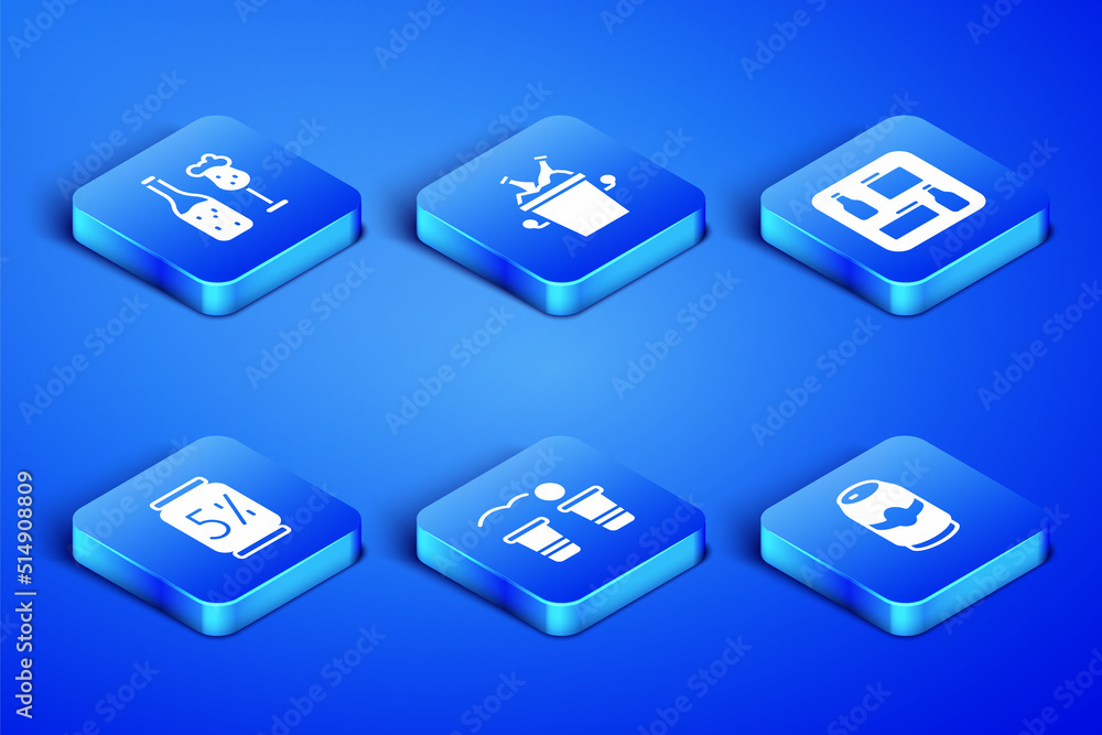 Set Beer can, bottle and glass, pong game, bottles in ice bucket and menu icon. Vector Set Beer can, bottle and glass, pong game, bottles in ice bucket and menu icon. Vector