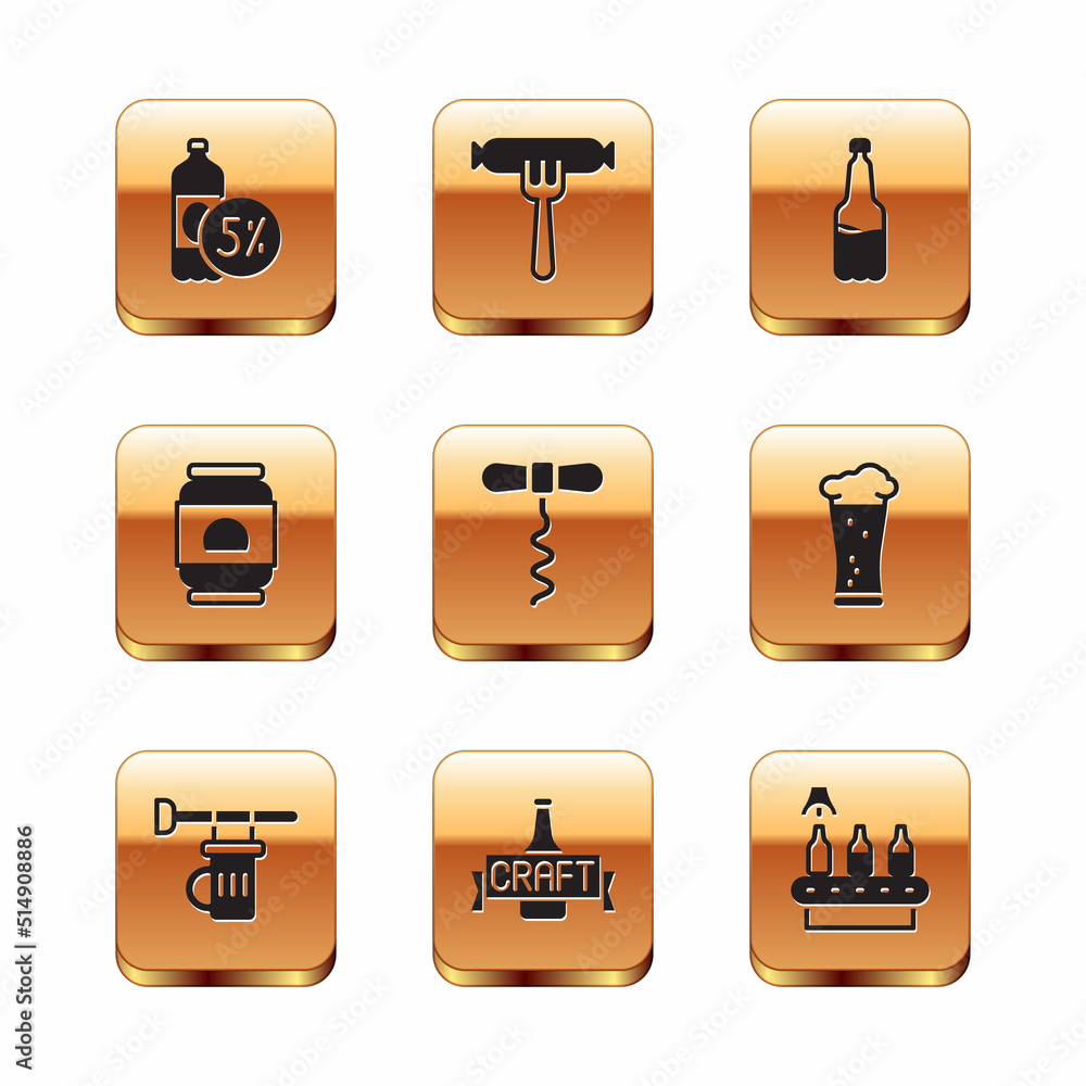 Set Beer bottle, Signboard with glass of beer, Wine corkscrew, can, Plastic, Conveyor band, and Sausage the fork icon. Vector Set Beer bottle, Signboard with glass of beer, Wine corkscrew, can, Plastic, Conveyor band, and Sausage the fork icon. Vector