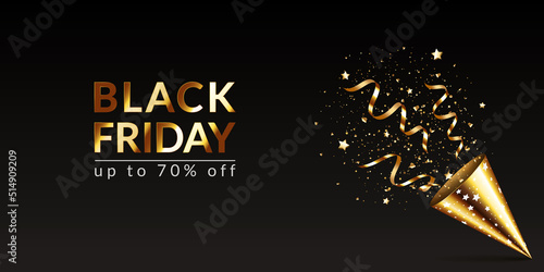 Gold party hat with stars, ribbons and confetti on black background. BLACK FRIDAY concept. 
