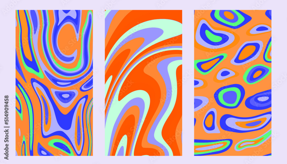 Set of hippie retro posters with melting and distorting shapes.
