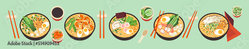 Ramen noodles asian soup. Bowl with spicy hot Thai food. Set of Japanese wok dishes with chopsticks and spices isolated. Vector flat geometric illustration of oriental cuisine delicacy culture.