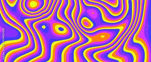 Retro neon psychedelic background with distorted and wavy lines and curves. The 60s and 70s hippie style.