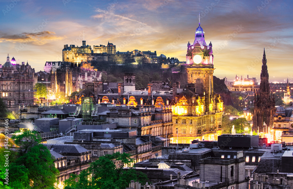 Edinburgh city and castle from Calton Hill at sunset, Scotland, UK