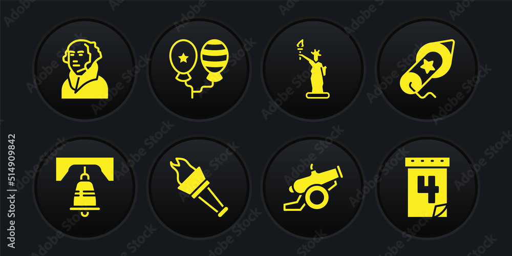 Set Liberty bell in Philadelphia, Firework, Torch flame, Cannon, Statue of, Balloons, Calendar with date July 4 and George Washington icon. Vector Set Liberty bell in Philadelphia, Firework, Torch flame, Cannon, Statue of, Balloons, Calendar with date July 4 and George Washington icon. Vector