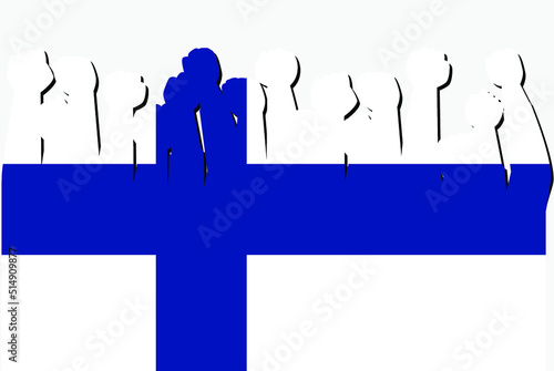 Finland flag with raised protest hands vector, country flag logo, Finland protesting concept