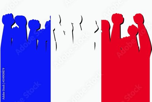 France flag with raised protest hands vector, country flag logo, France protesting concept