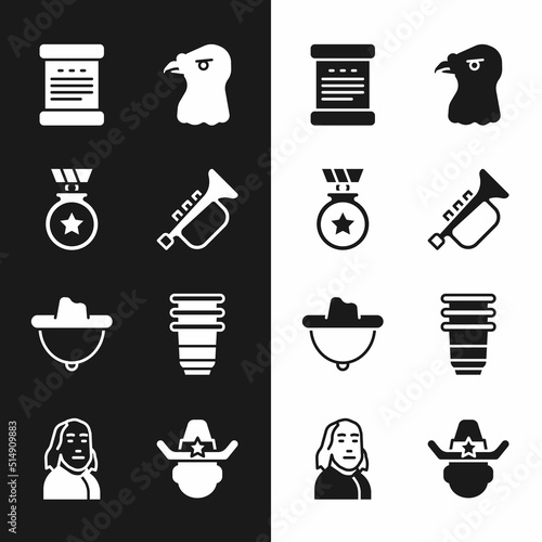 Set Trumpet, Medal with star, Declaration of independence, Eagle head, Western cowboy hat, Paper glass, Sheriff and Benjamin Franklin icon. Vector