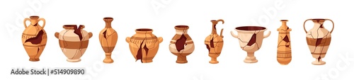Broken old pottery set. Damaged cracked ancient greek vases, jars, pots, jugs, pitchers, clay vessels with splits. Antique crockery. Flat graphic vector illustrations isolated on white background