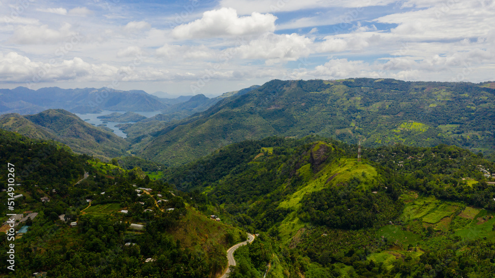 Mountain slopes with rainforest and a mountain valley with farmland. Sri Lanka.
