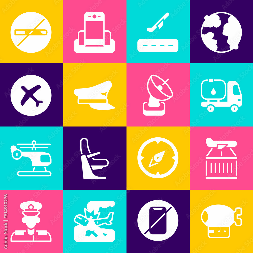 Set Airship, Plane, Fuel tanker truck, takeoff, Pilot hat, No Smoking and Radar icon. Vector Set Airship, Plane, Fuel tanker truck, takeoff, Pilot hat, No Smoking and Radar icon. Vector