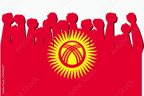 Kygryzstan flag with raised protest hands vector, country flag logo, Kygryzstan protesting concept