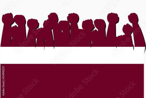 Latvia flag with raised protest hands vector, country flag logo, Latvia protesting concept